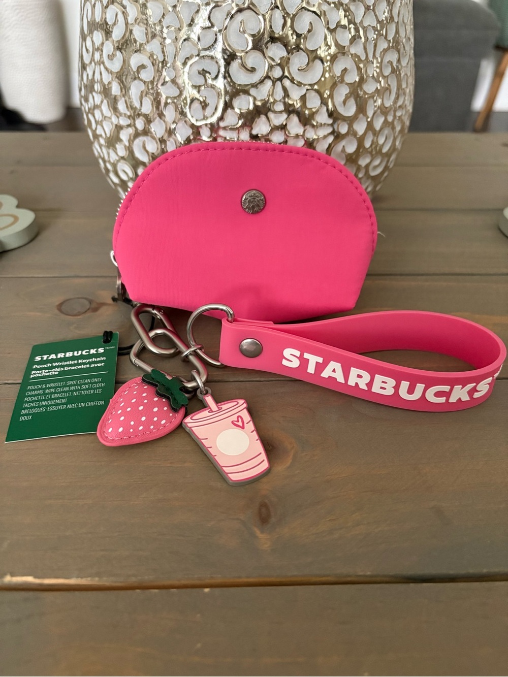 Starbucks Hot Pink Wristlet Pouch with Strawberry & Drink Charms - Picture 1 of 1